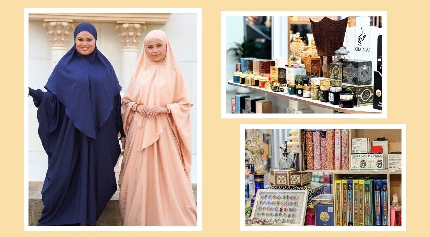 From Left : Abaya Telekung (FFC, L1-19), Bakhoor Burner, Bakhoor Oud Mood (Rose Collection, L3A-17), Quran and Zikir Ringl (Bazaar Arab, L1-16)
