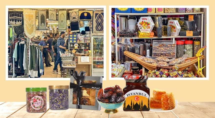 From Left : Sajadah, Arab candy, chocolate, Flower Tea, Arabic dessert, Kurma, Honey (Bazaar Arab, L1-16) 